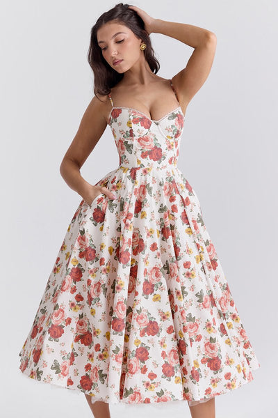 Annika | Dames cocktailjurk met zwierige midirok en verstelbare bandjes