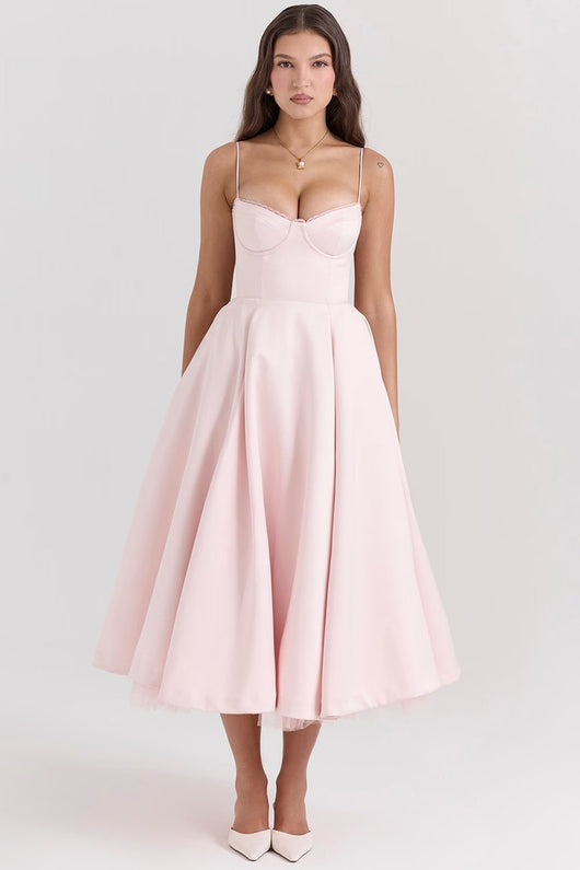 Annika | Dames cocktailjurk met zwierige midirok en verstelbare bandjes