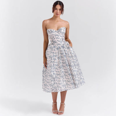 Marlene | Strapless dames cocktailjurk met korsetlijfje en uitlopende satijnen rok