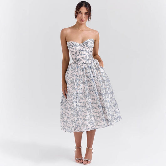 Marlene | Strapless dames cocktailjurk met korsetlijfje en uitlopende satijnen rok
