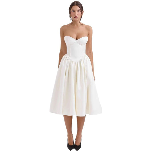 Marlene | Strapless dames cocktailjurk met korsetlijfje en uitlopende satijnen rok