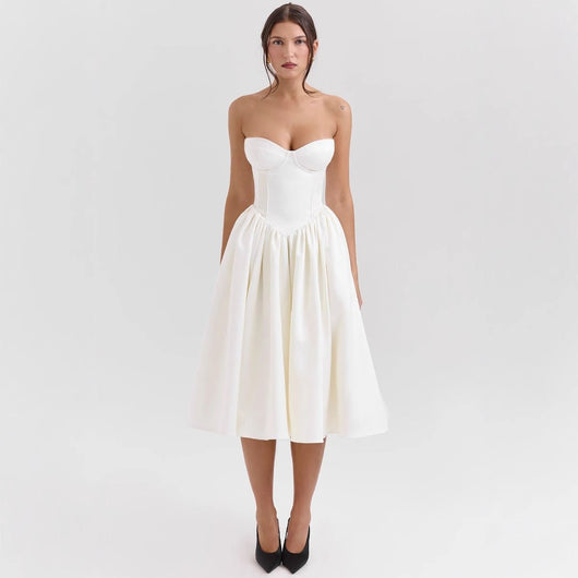 Marlene | Strapless dames cocktailjurk met korsetlijfje en uitlopende satijnen rok