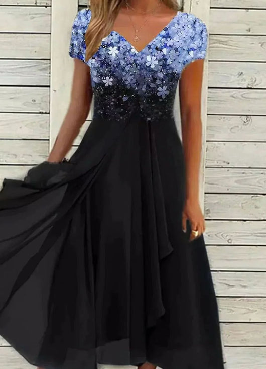 Lena | Dames cocktailjurk met v-hals, bloemenprint en zwierige chiffonrok
