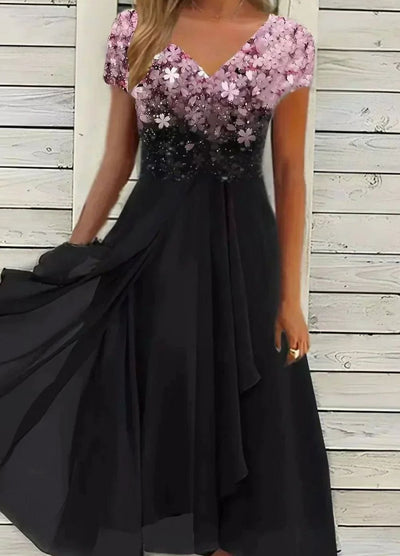 Lena | Dames cocktailjurk met v-hals, bloemenprint en zwierige chiffonrok