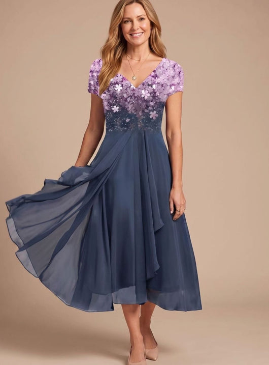 Lena | Dames cocktailjurk met v-hals, bloemenprint en zwierige chiffonrok