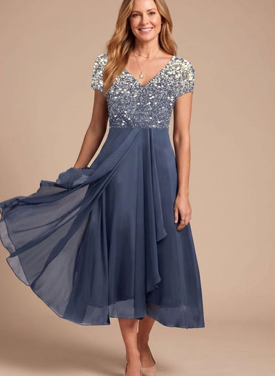 Lena | Dames cocktailjurk met v-hals, bloemenprint en zwierige chiffonrok