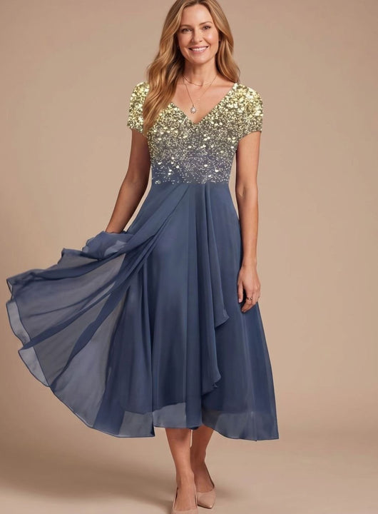 Lena | Dames cocktailjurk met v-hals, bloemenprint en zwierige chiffonrok