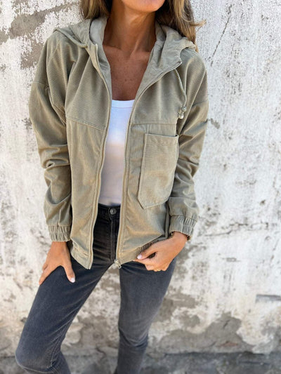 Mia | Oversized dames ribfluwelen jas met capuchon en rits