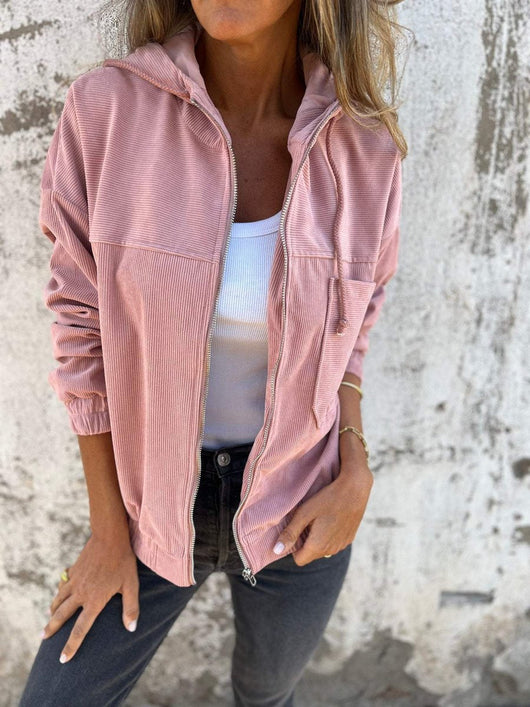 Mia | Oversized dames ribfluwelen jas met capuchon en rits