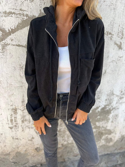 Mia | Oversized dames ribfluwelen jas met capuchon en rits