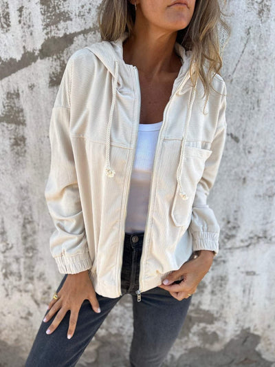 Mia | Oversized dames ribfluwelen jas met capuchon en rits