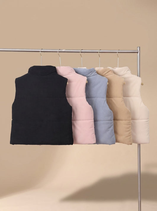 Marie | Korte dames corduroy bodywarmer met opstaande kraag en drukknopen