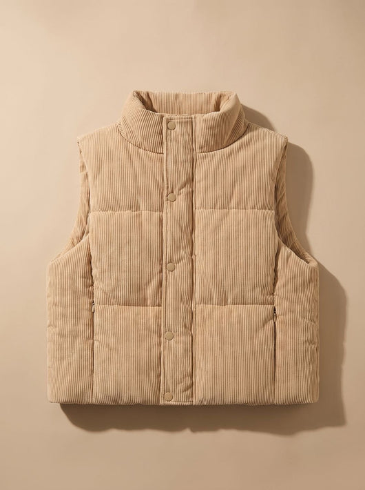 Marie | Korte dames corduroy bodywarmer met opstaande kraag en drukknopen