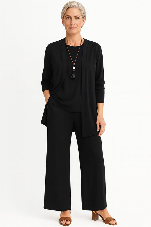 Marlene | Driedelige dames set met lang vest, hemdje en wijde broek