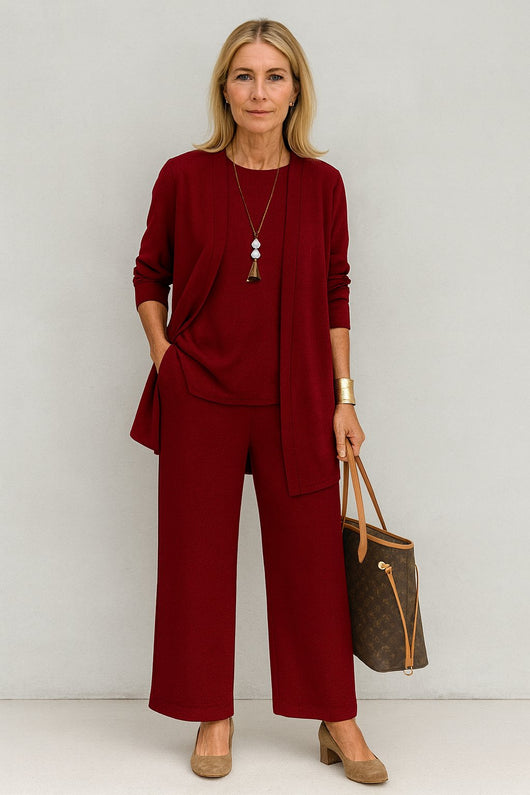 Marlene | Driedelige dames set met lang vest, hemdje en wijde broek