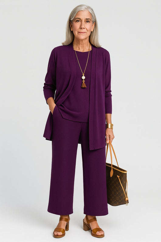 Marlene | Driedelige dames set met lang vest, hemdje en wijde broek