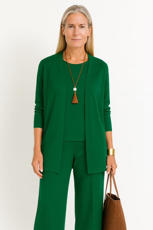 Marlene | Driedelige dames set met lang vest, hemdje en wijde broek