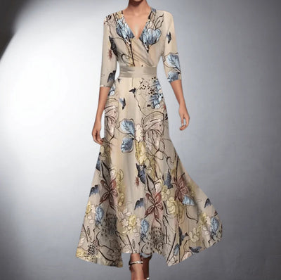 Lena | Elegante dames maxijurk met bloemendessin en V-hals