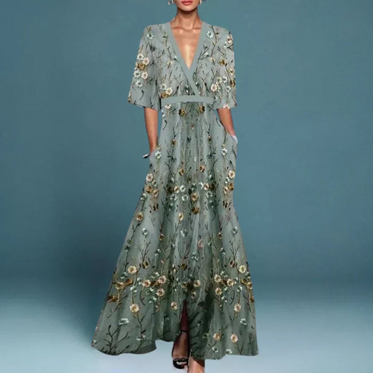 Emilia | Elegante dames maxi-avondjurk met bloemborduursel en diepe V-hals