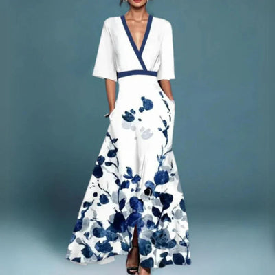 Emilia | Elegante dames maxi-avondjurk met bloemborduursel en diepe V-hals