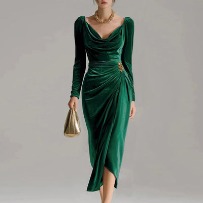 Luisa | Elegante dames midi fluwelen jurk met watervalhals en lange mouwen