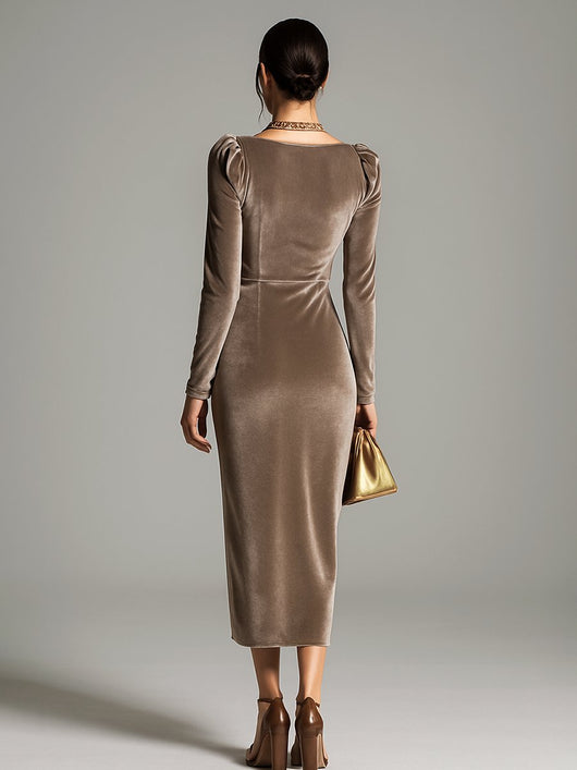 Luisa | Elegante dames midi fluwelen jurk met watervalhals en lange mouwen