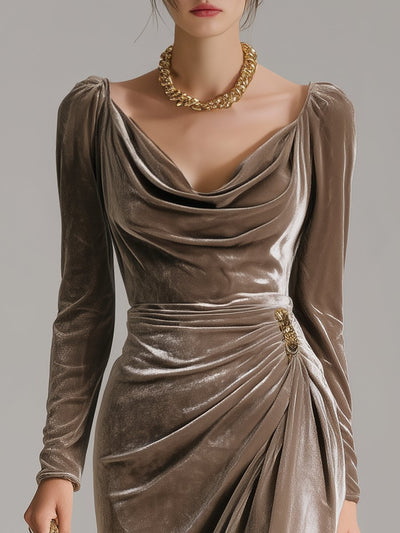 Luisa | Elegante dames midi fluwelen jurk met watervalhals en lange mouwen