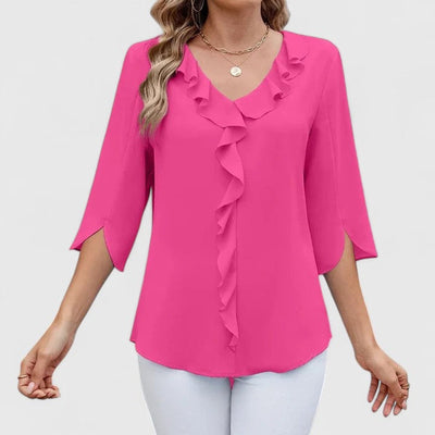 Marlene | Elegante dames ruchesblouse met V-hals en driekwartmouwen
