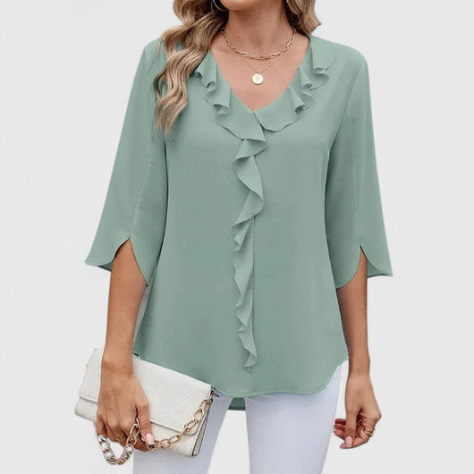 Marlene | Elegante dames ruchesblouse met V-hals en driekwartmouwen