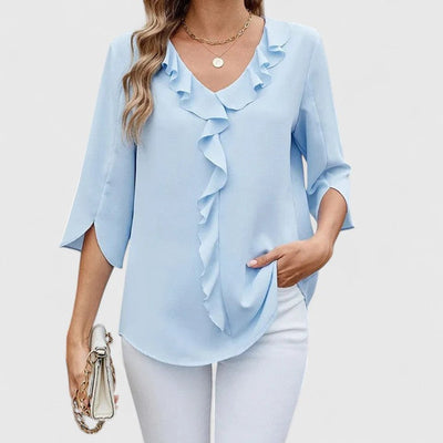 Marlene | Elegante dames ruchesblouse met V-hals en driekwartmouwen