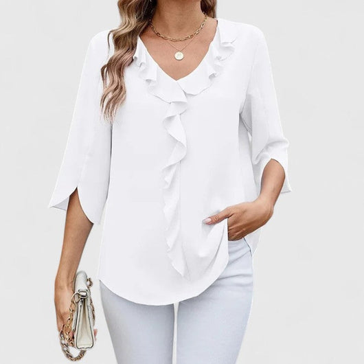 Marlene | Elegante dames ruchesblouse met V-hals en driekwartmouwen
