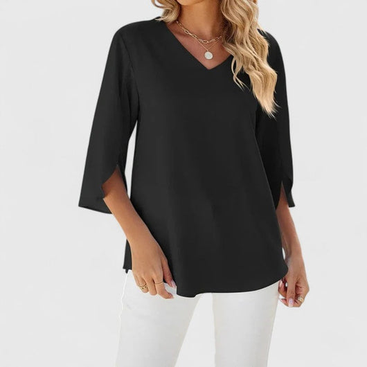 Marlene | Elegante dames ruchesblouse met V-hals en driekwartmouwen