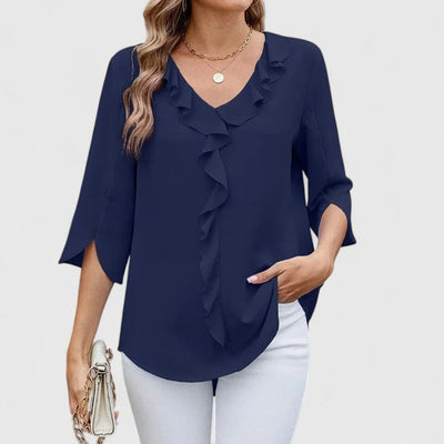 Marlene | Elegante dames ruchesblouse met V-hals en driekwartmouwen