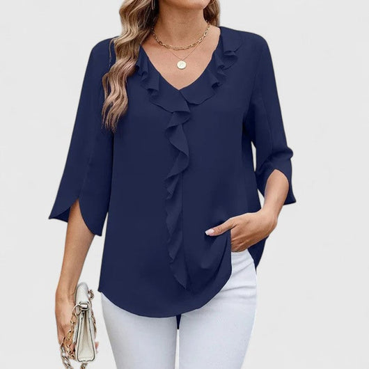 Marlene | Elegante dames ruchesblouse met V-hals en driekwartmouwen