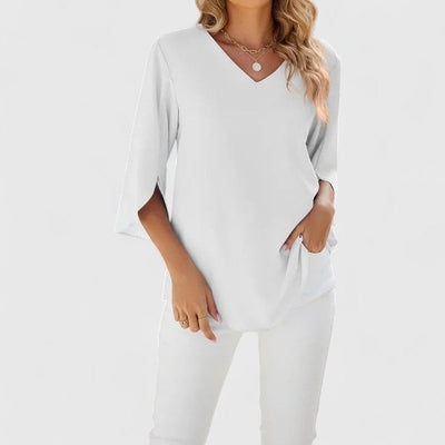 Marlene | Elegante dames ruchesblouse met V-hals en driekwartmouwen