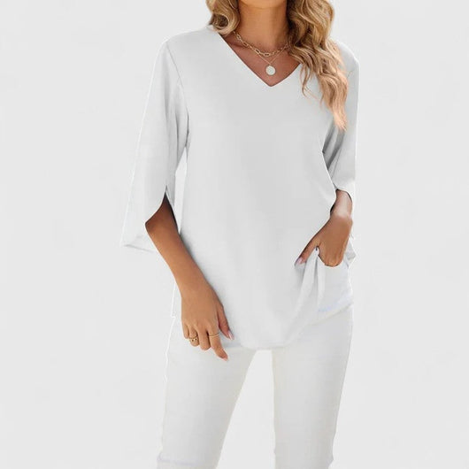 Marlene | Elegante dames ruchesblouse met V-hals en driekwartmouwen