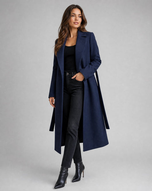 Clara | Elegante lange dames winterjas van wolmix met ceintuur
