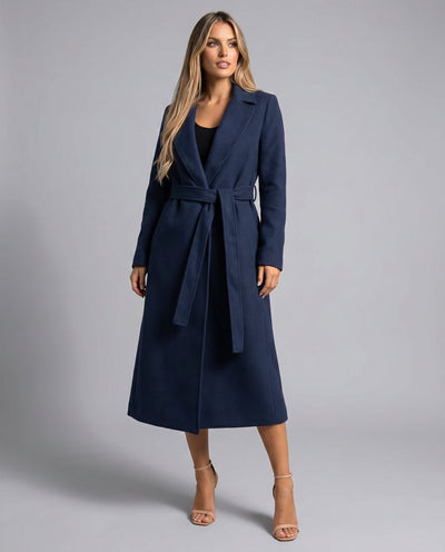 Clara | Elegante lange dames winterjas van wolmix met ceintuur