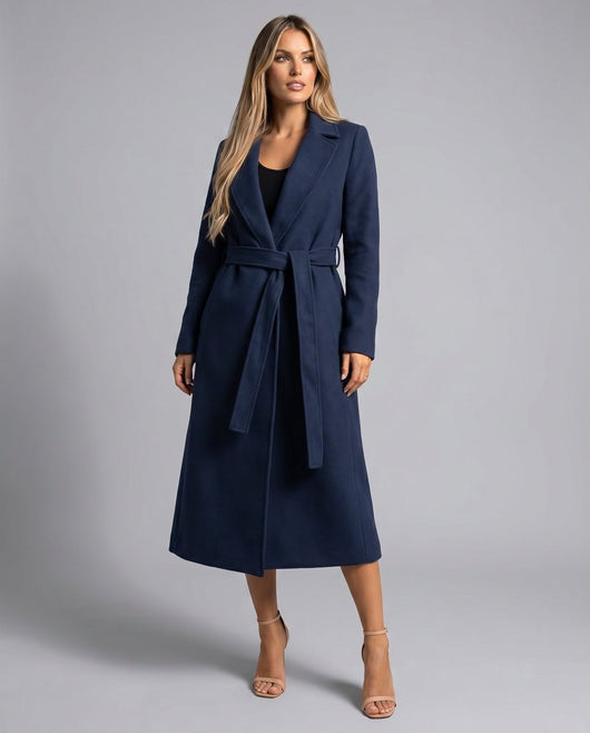 Clara | Elegante lange dames winterjas van wolmix met ceintuur