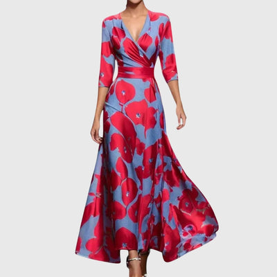Elisabeth | Elegante dames maxi-wikkeljurk met bloemendessin en driekwartmouwen