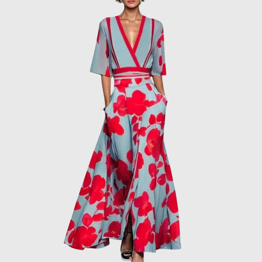 Elisabeth | Elegante dames maxi-wikkeljurk met bloemendessin en driekwartmouwen