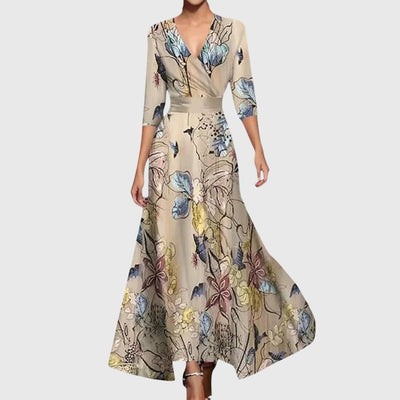 Elisabeth | Elegante dames maxi-wikkeljurk met bloemendessin en driekwartmouwen