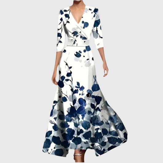 Elisabeth | Elegante dames maxi-wikkeljurk met bloemendessin en driekwartmouwen