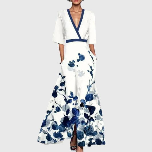 Elisabeth | Elegante dames maxi-wikkeljurk met bloemendessin en driekwartmouwen