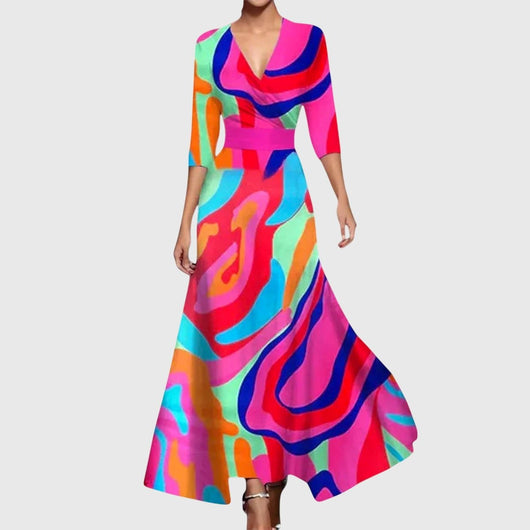 Elisabeth | Elegante dames maxi-wikkeljurk met bloemendessin en driekwartmouwen