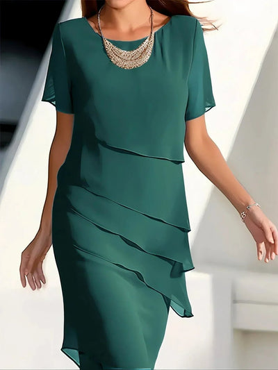 Amelie | Elegante gelaagde dames cocktailjurk van chiffon met ronde hals