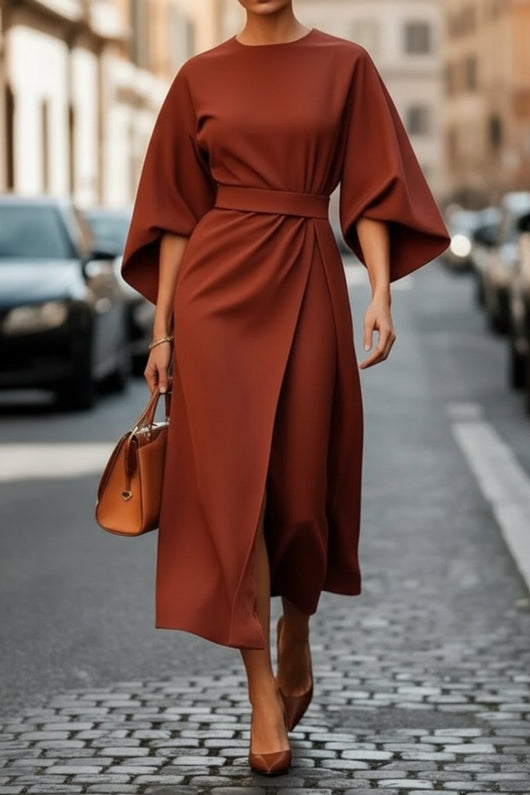 Hannah | Elegante dames midi cocktailjurk met lampionmouwen en ceintuur