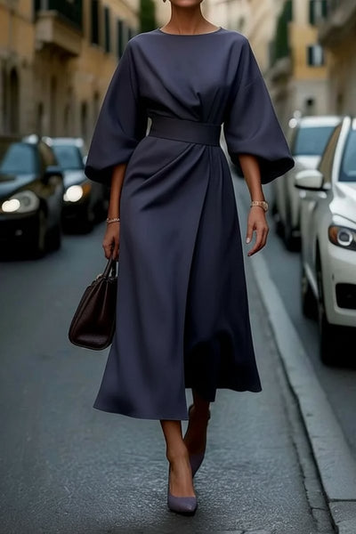 Hannah | Elegante dames midi cocktailjurk met lampionmouwen en ceintuur