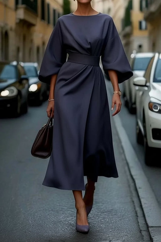 Hannah | Elegante dames midi cocktailjurk met lampionmouwen en ceintuur