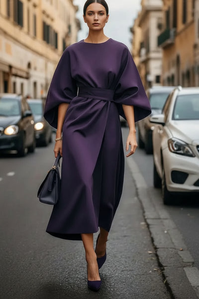 Hannah | Elegante dames midi cocktailjurk met lampionmouwen en ceintuur